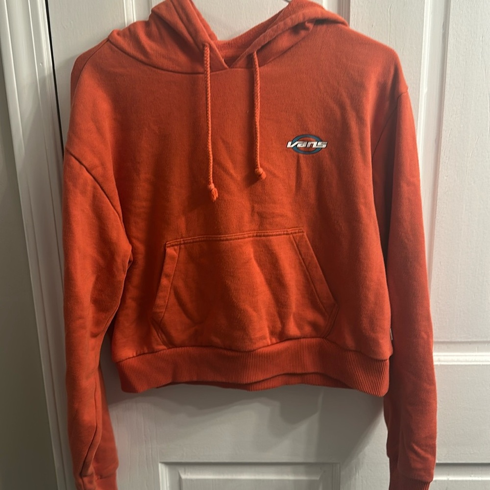 Vans Womens Hoodie Cropped Orange Small Pullover Sweatshirt Logo Spellout Crop